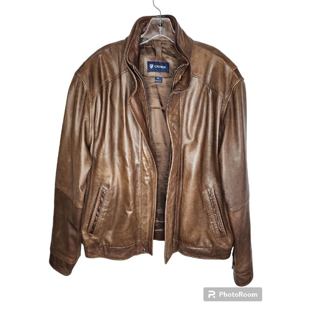 Cremieux Lambskin Jacket Mens XL Brown Bomber Flight Zip Bib Double…